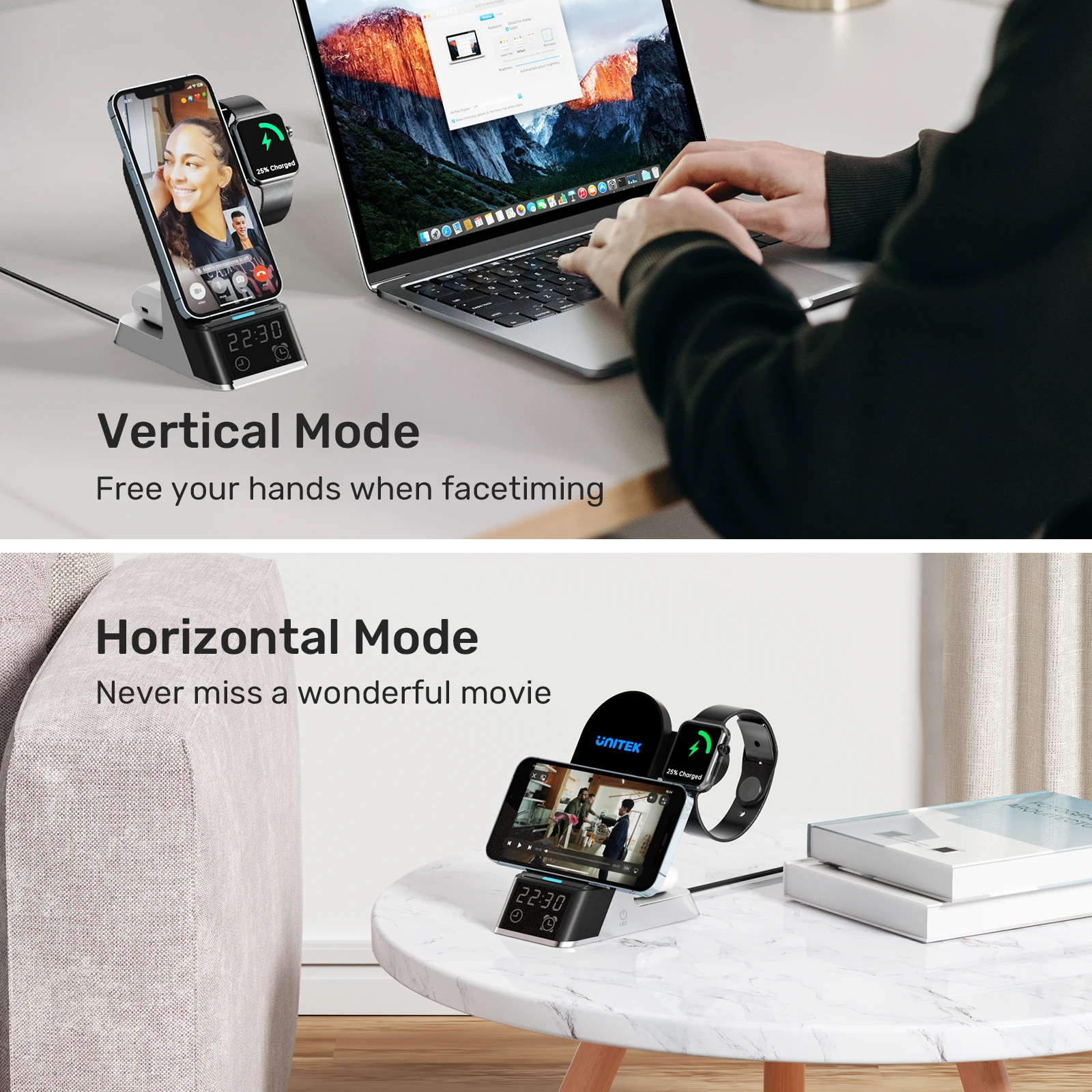 Description Picture 6 of itemUnitek Wireless Charging Station with Alarm Clock Qi Certified Fast Wireless Charger Stand for iPhone 14 13 12 11 iWatch AirPods