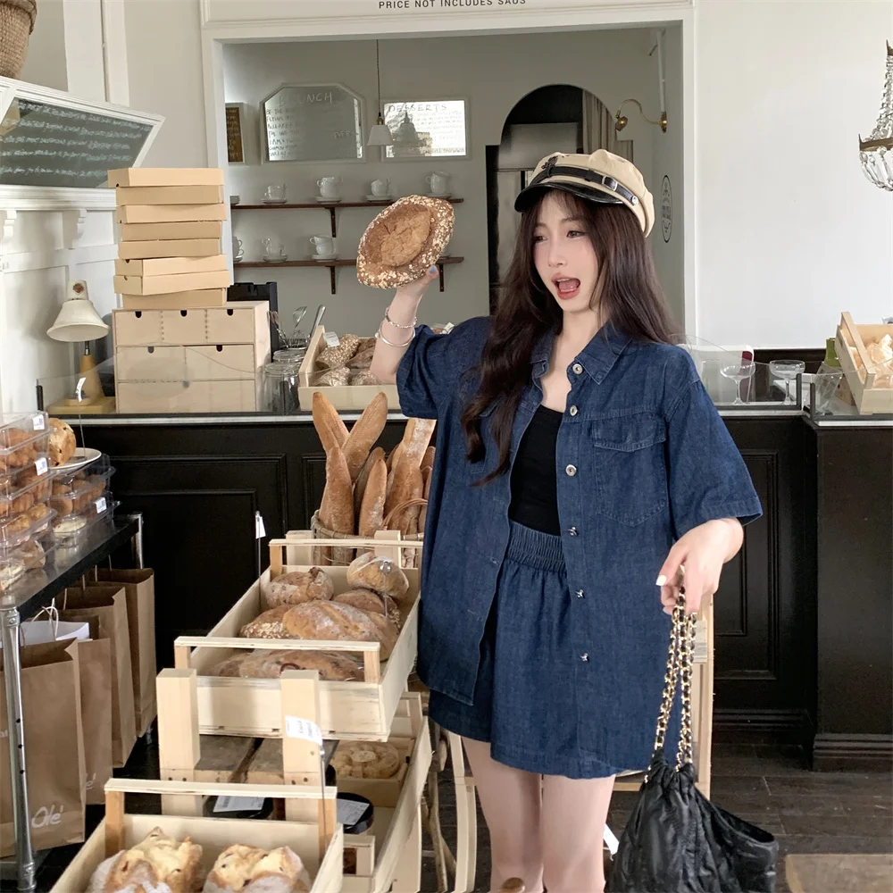 Description Picture 6 of itemSummer Women's Two-Pieces Sets Loose Thin Single Breasted Denim Shirt Coat Elastic High Waist Casual Solid Color Simple Shorts