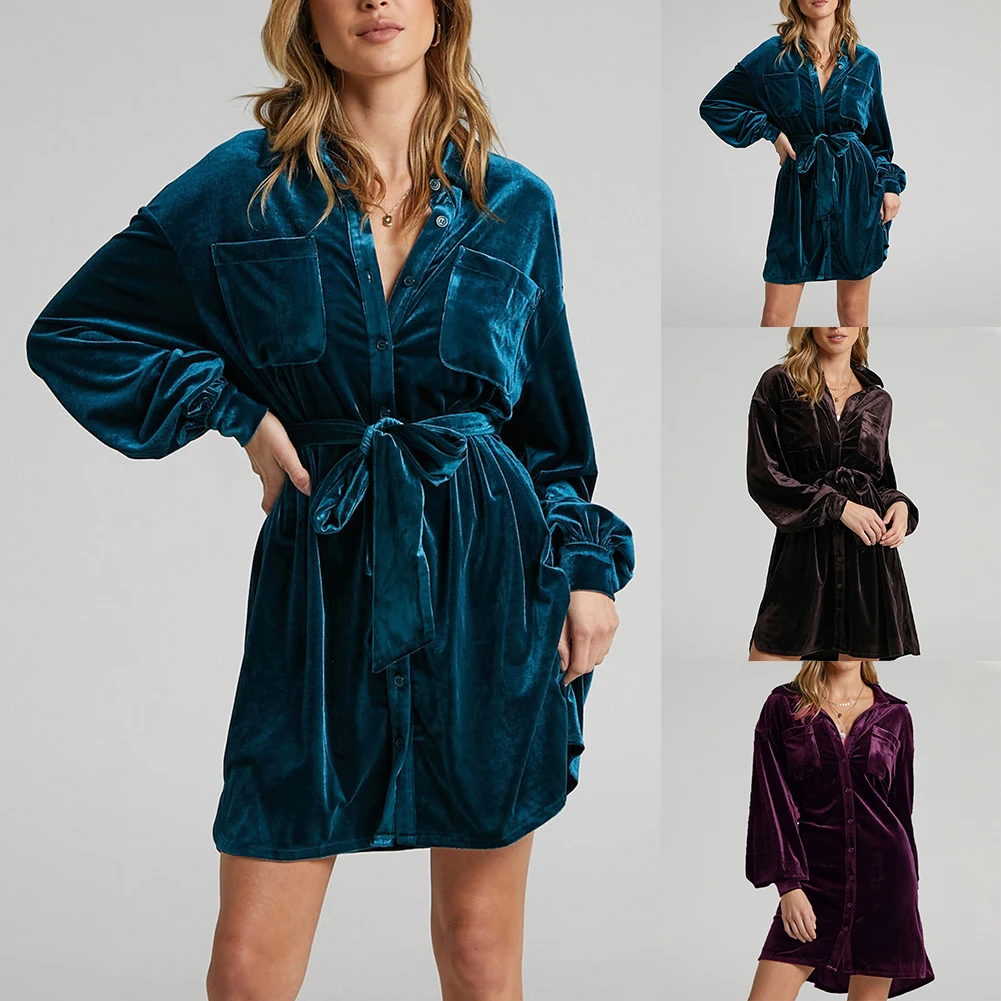 Description Picture 3 of itemFashion Women's Velvet Dress Single Breasted Pockets Long Sleeve Evening Cocktail Party Ball Gown Shirt Dresses With Belt