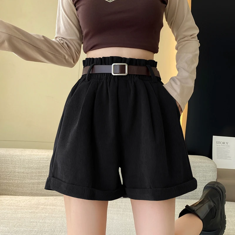 Description Picture 5 of itemAutumn Winter Woman Corduroy Shorts With Belt 2023 Elastic Waist Loose Crimping Vintage Short Pants For Boots