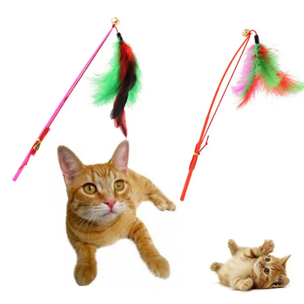 Cat Toys Interactive Funny Multicolor Color Feather Bells Cat Stick Pet Replacement Head Retractable Cat Stick Teaser Exercise
