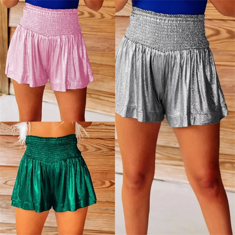 Description Picture 3 of itemWomens Sparkly Metallic Flowy Hot Shorts Smocked High Waist Wide Leg Short Pant Drop Shipping
