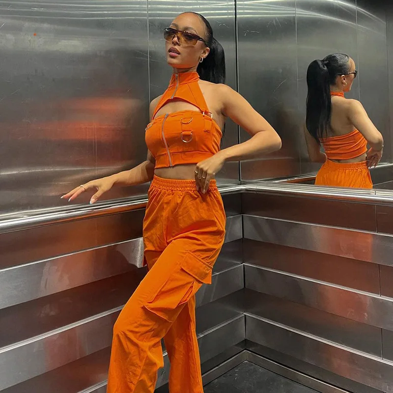 Puloru Orange Baggy Cargo Pants Women Casual High Elasitc Waist Straight-Leg Trousers with Side Pockets Streetwear Sweatpants