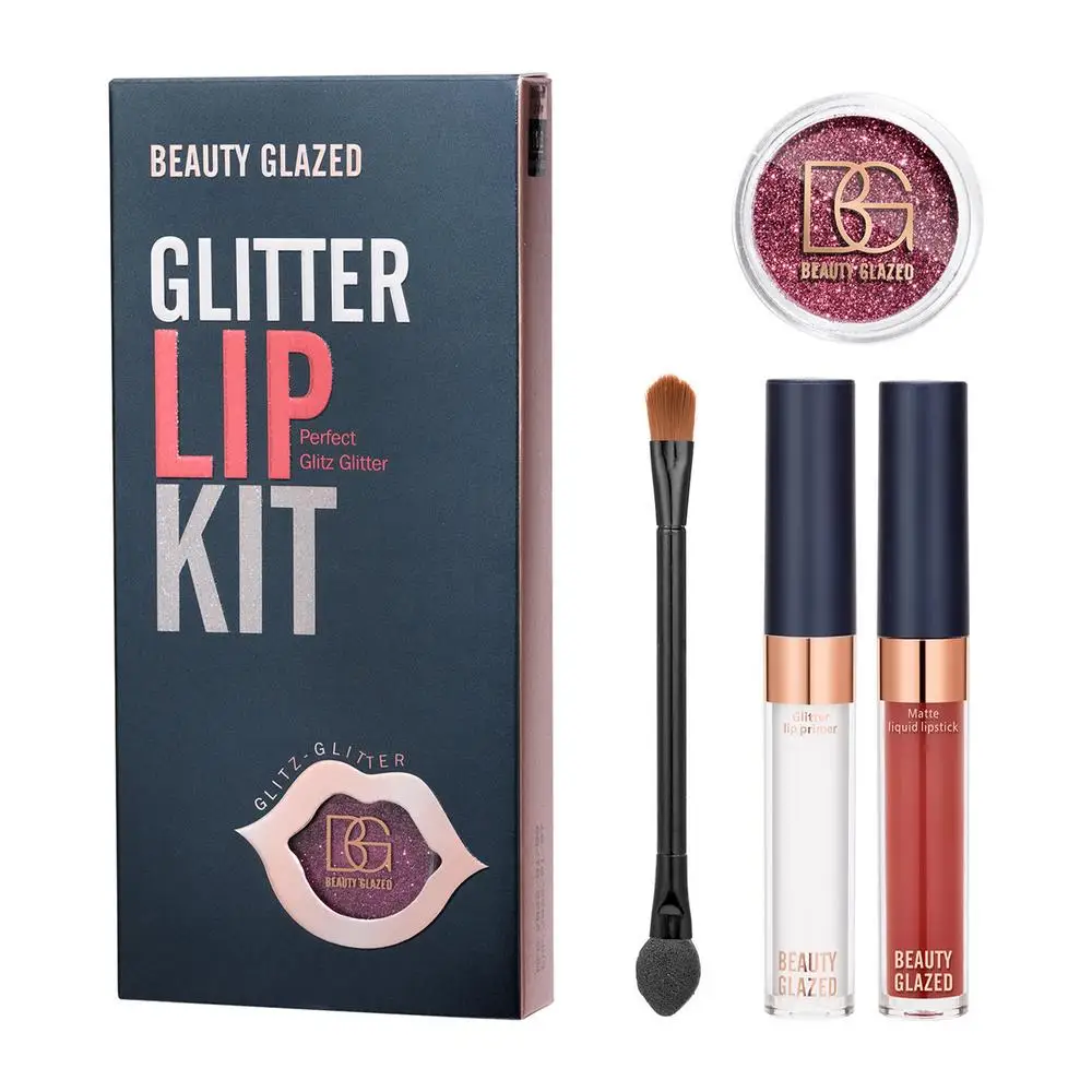 Description Picture 5 of itemGlitter Lips Kit Smudg-Pproof Water-Proof Long-Lasting Sparkle Liquid Lipstick Set With Double End Lip Brush Lip Glitter Primer