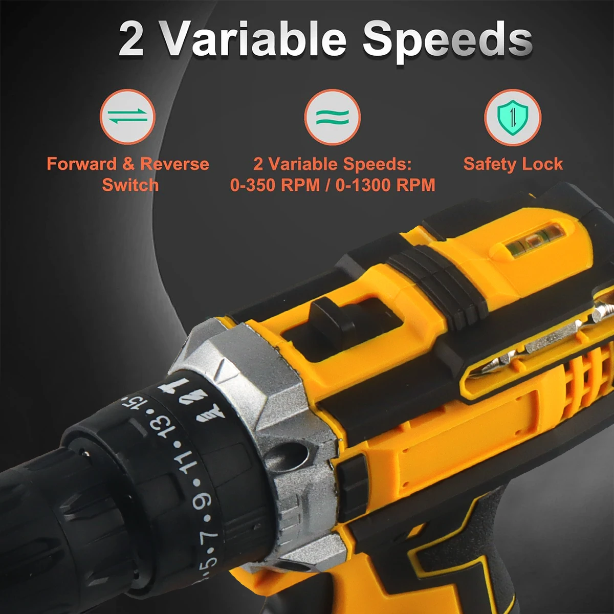 Description Picture 3 of itemDrill Driver 21V,1.3AH Battery, Hammer Drill with 28 N.m Max, 25+3 Position, 2 Variable Speed, 3/8'' Keyless Chuck, Fast Charger