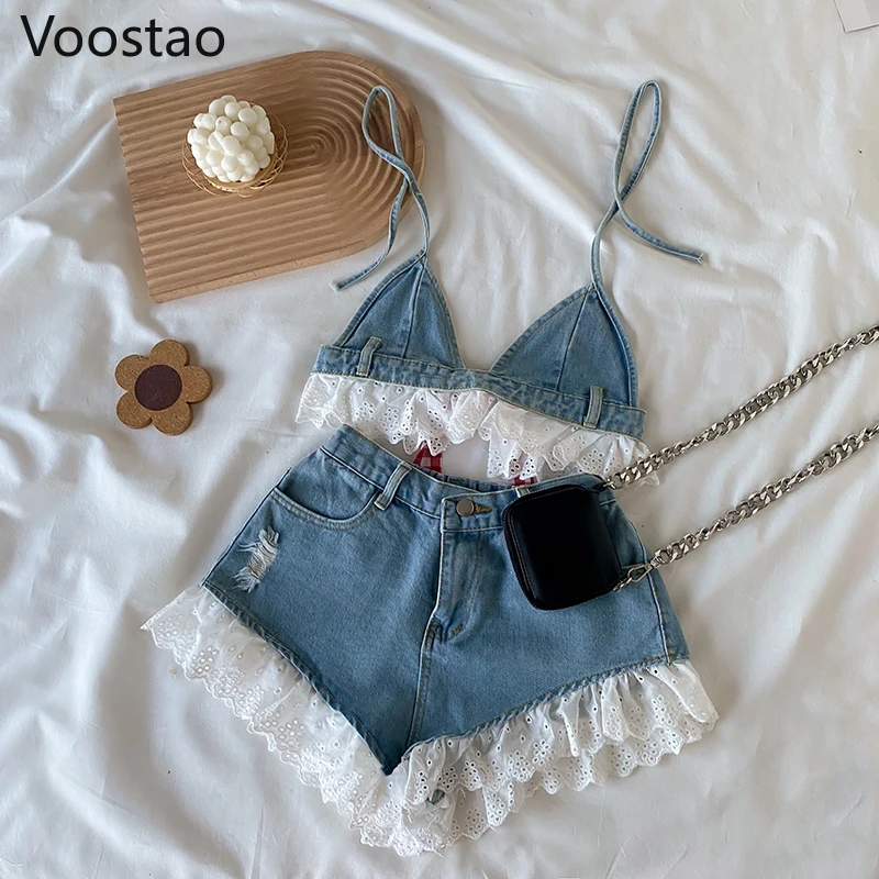 Description Picture 6 of itemSummer Sweet Lolita Style Denim Shorts Sets Girls Sexy Lace Bandage Camisole Crop Tops Ruffles Jeans Short Pants Women 2PC Set