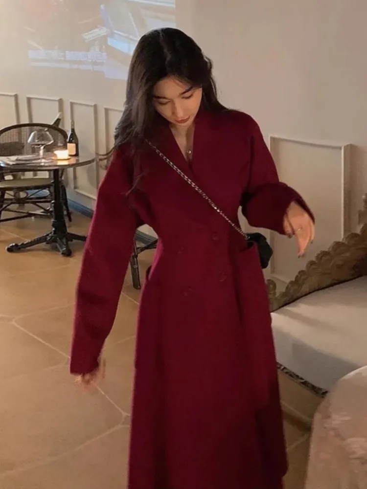 2023 Winter Women Elegant Red Woolen Coat Office Lady Double Breasted Slim A-line Long Coats Female French Vintage Coats