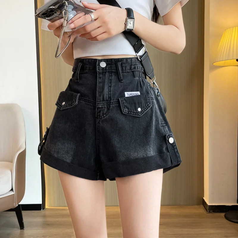 Description Picture 6 of itemWomen's Cycling Shorts Retro Pull-edge Denim Korean Version Summer Fashion High Waist Slimming Design Wide-leg A-line Pants Ins