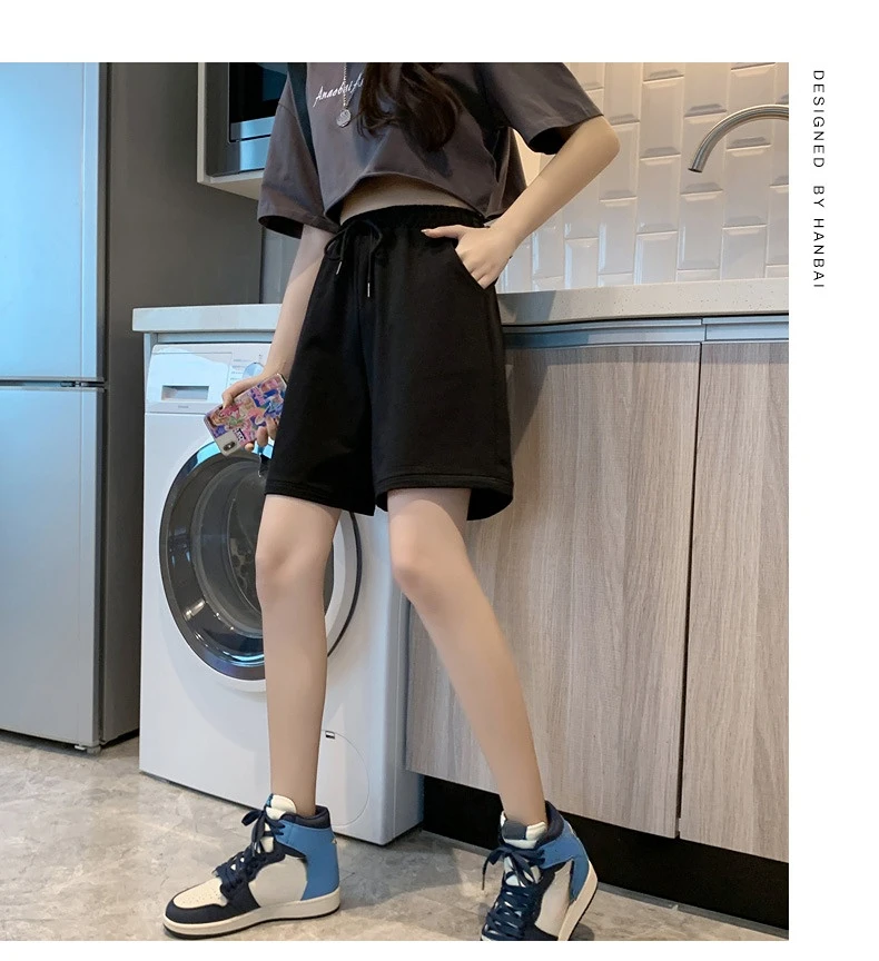 Summer 2023 Women's Cotton Shorts Solid Wide High Waist Above Knee Loose Shorts Women Classic Oversize Black Shorts for Women
