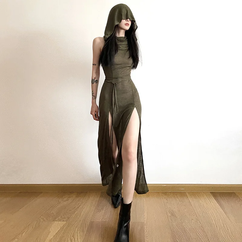 Gothic Cyber Desert Walker Hooded Dresses Darkwear Y2k Punk Grunge Hollow Out Midi Dress Women Sexy Split Side Solid Streetwear