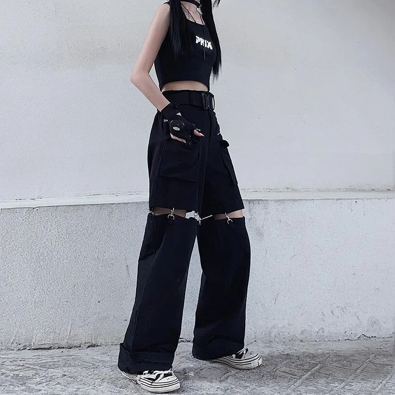 Description Picture 4 of itemGothic Black Cargo Pants Women Punk Oversize Hollow Out Wide Leg Pocket Trousers Fashion Streetwear Female Goth Hip Hop