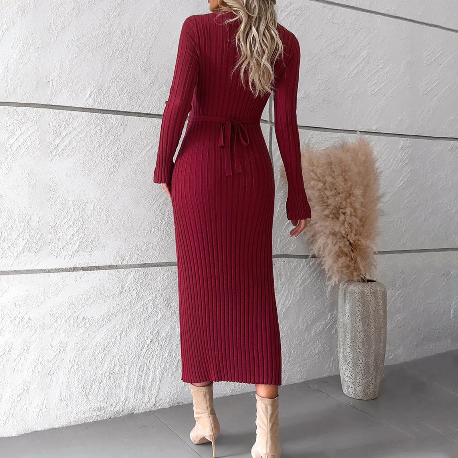 Description Picture 5 of itemSweater Dress Spicy Girl Women Tunic Long Dress V Neck Solid Color Long Sleeve Dress Elegant Style Slim Fit Clubwear Clothing