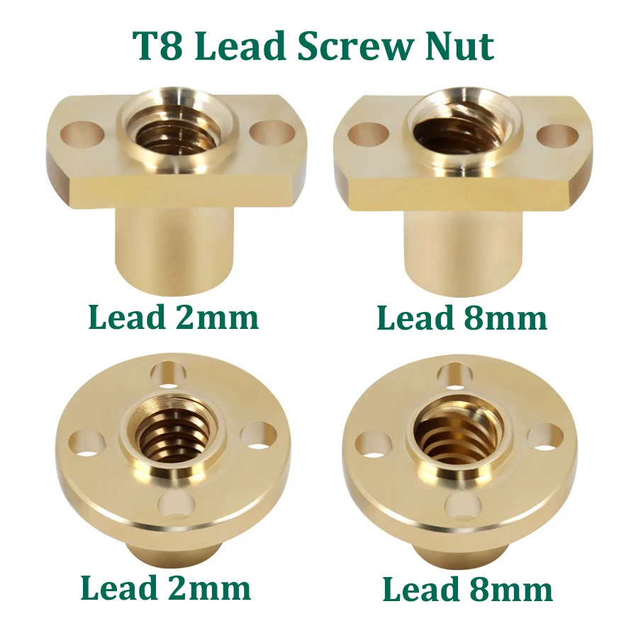 2pcs 3D Printer T8 Lead Screw Nuts Brass H Flange Nut Pitch 2mm Lead 2mm 8mm DIY T8 Nut Screw Trapezoidal CNC 3D Printer Parts