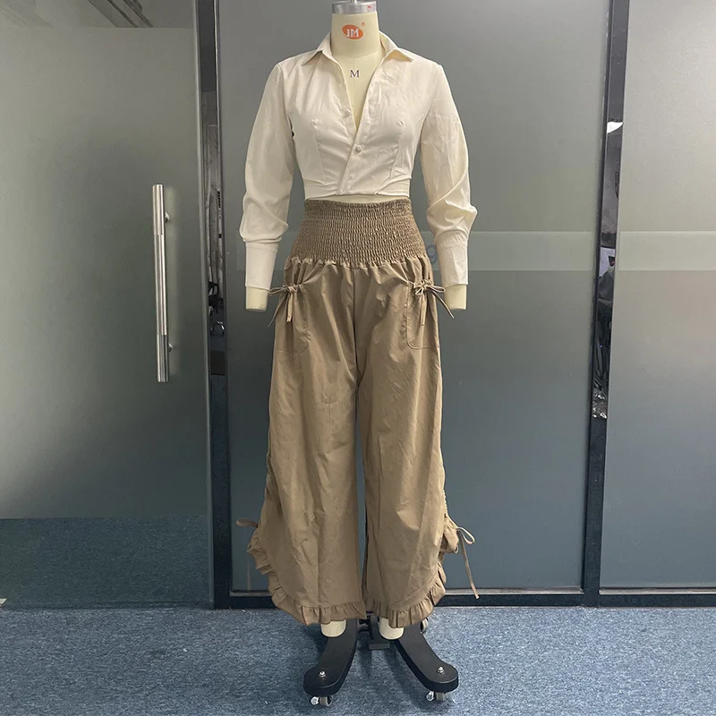 Description Picture 5 of itemSummer Dress Women Pants Shorts Jacket Ruffled Wide-leg Trousers Suit Two-piece Shirt Female 2023 Casual Fashion Suit Buttons