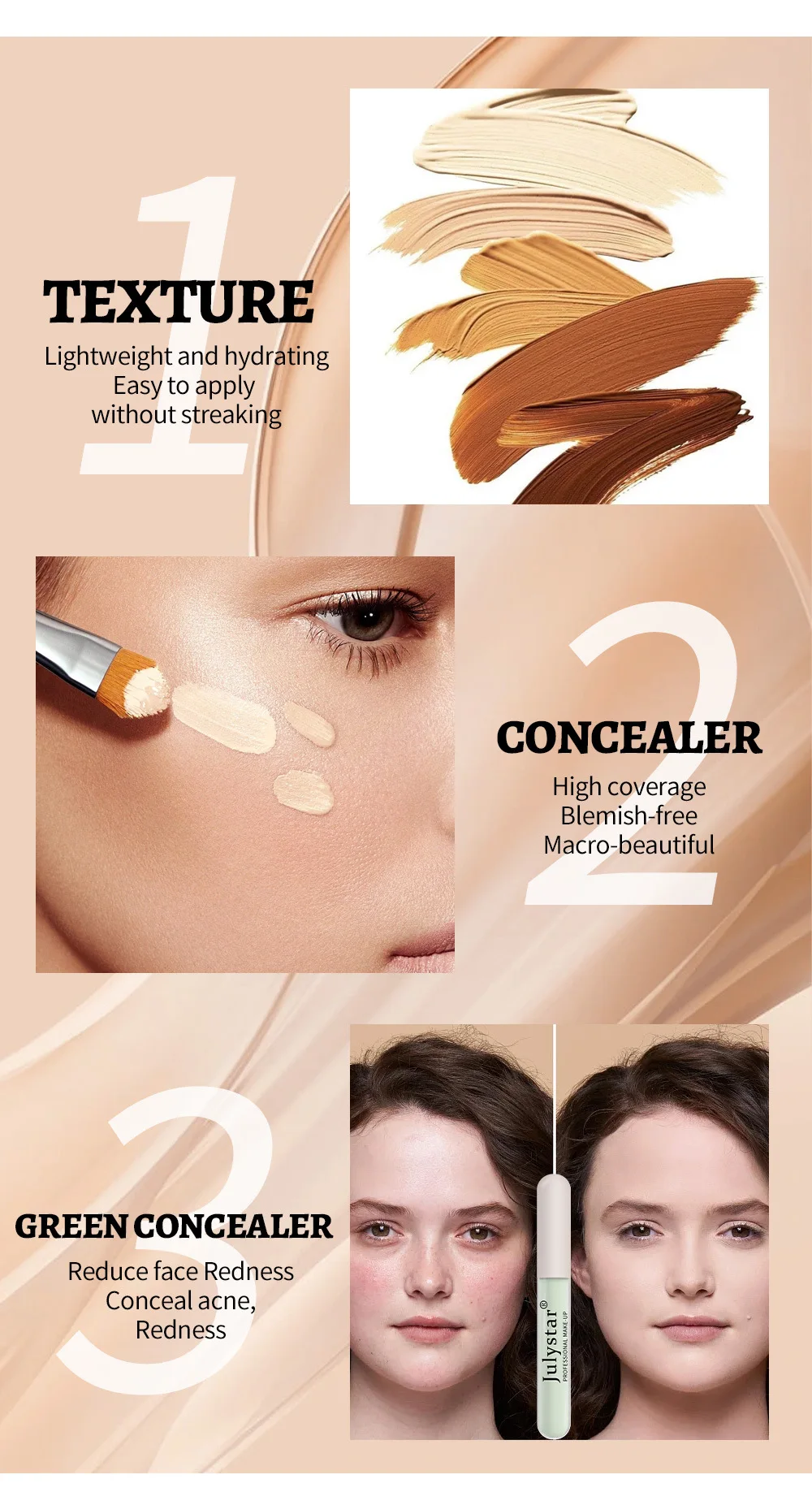 Description Picture 6 of itemJulystar 6 Color Concealer Waterproof Moisturize Oil Control Liquid Concealer Speckle Tattoo Cover Up for All Skin Type Cosmetic
