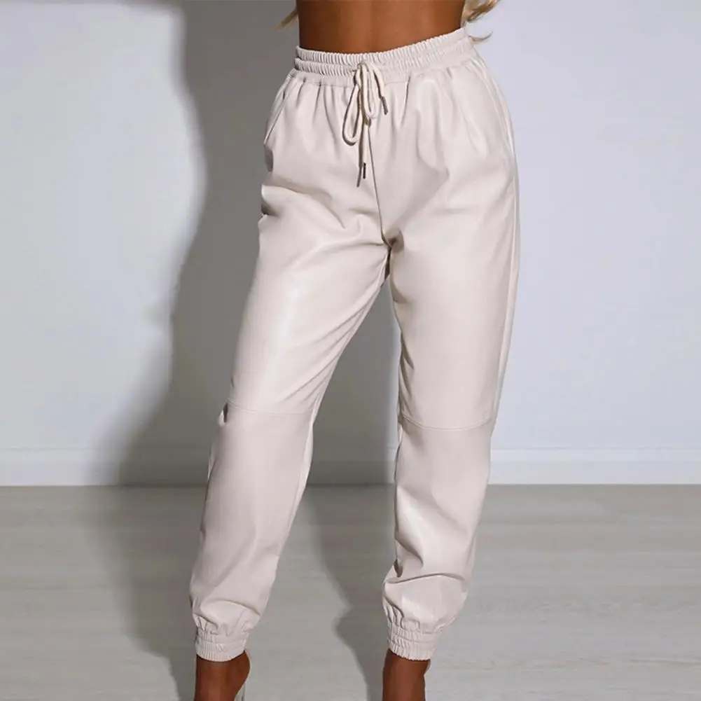 High Waist Drawstring Slant Pockets Faux Leather Harem Pants Woman Loose Fit Elastic Waist Simple Casual Trousers Streetwear