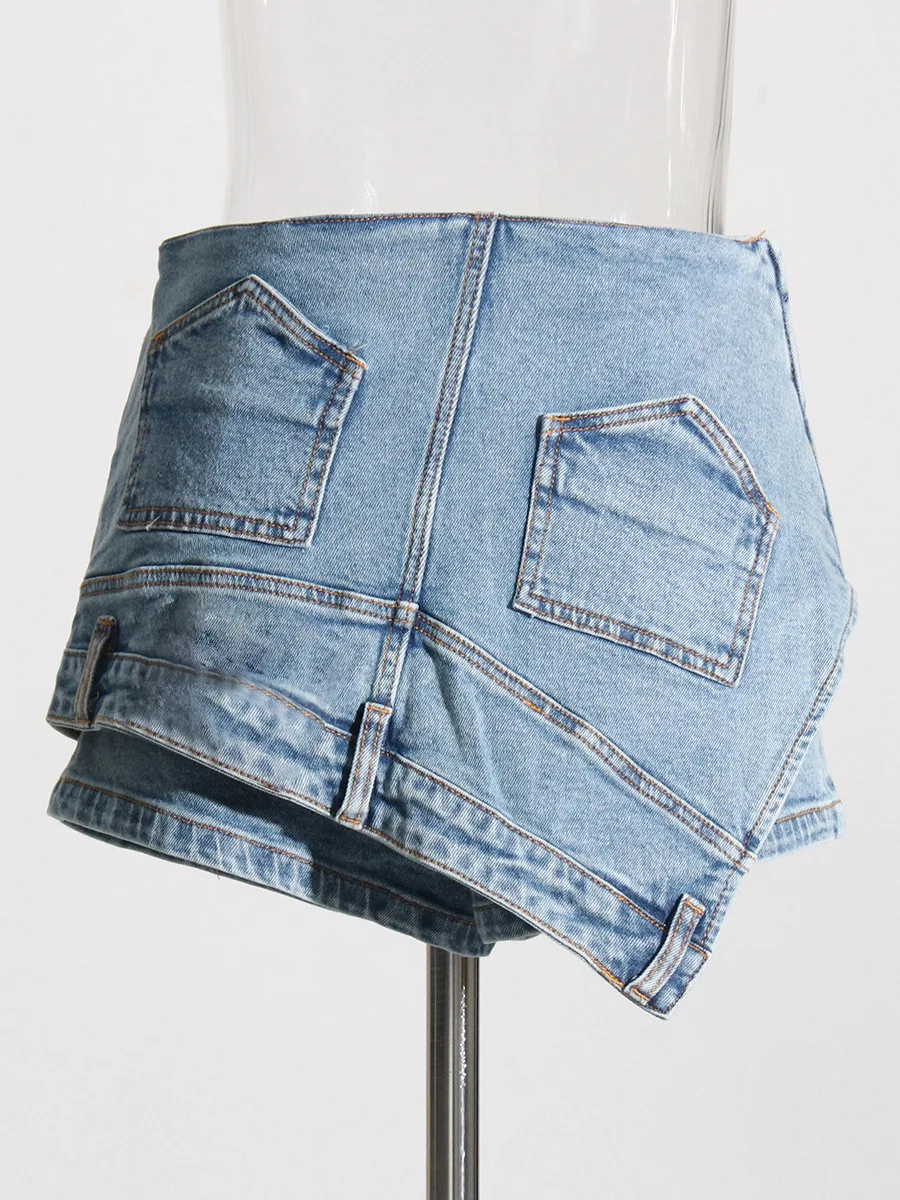 Description Picture 3 of itemNewest Fashion Runway 2023 Designer Women's Street Trend Spliced Jeans Irregular Pockets Washable Vintage Denim Shorts Skirts
