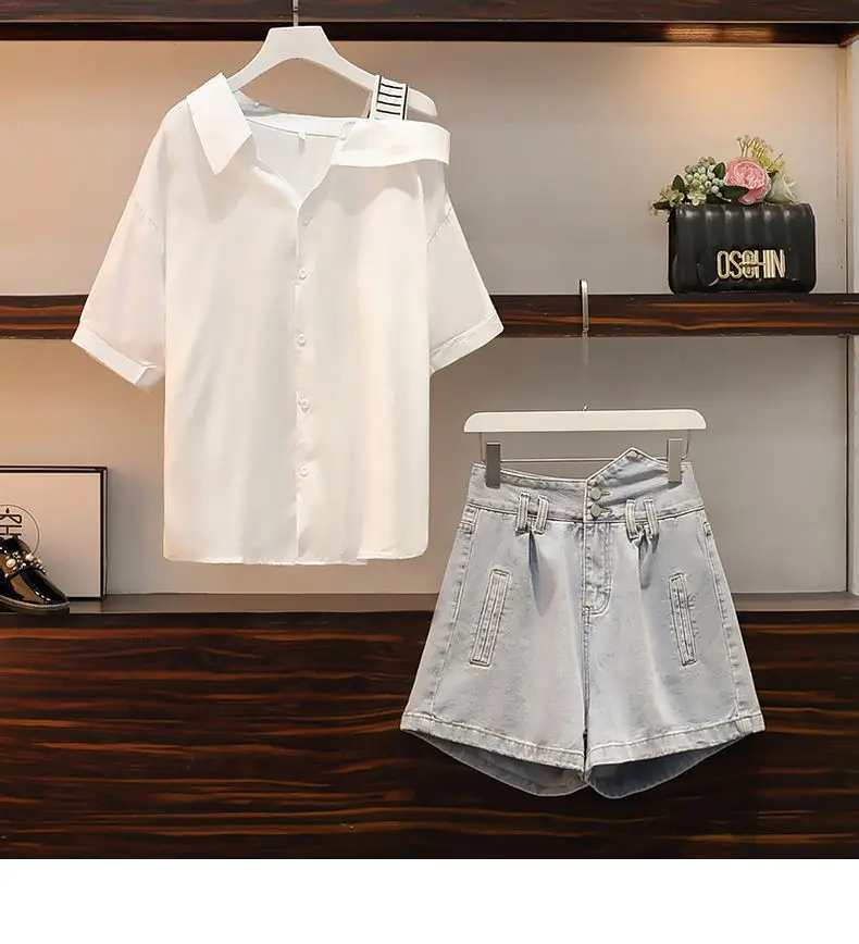 Description Picture 5 of itemWomen's Summer Suits Korean Elegant Off-the-Shoulder Tops Loose Jeans Two Pieces 2022 New Oversized Shirts Denim Shorts Set
