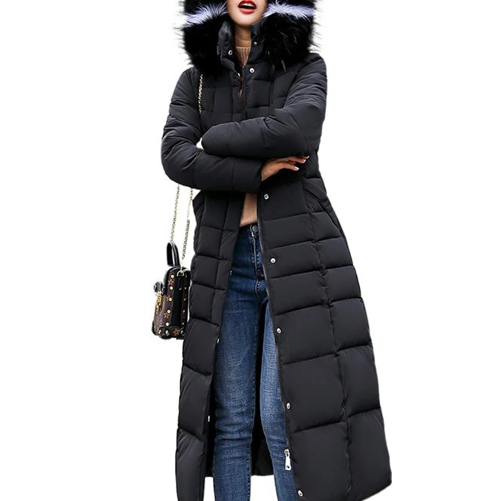 Description Picture 6 of itemCotton-Padded Coat Warm Winter Clothes Women Fur Hooded Pockets Puffer Jacket Sashes Long Bubble Coats Casual Slim Black Parkas