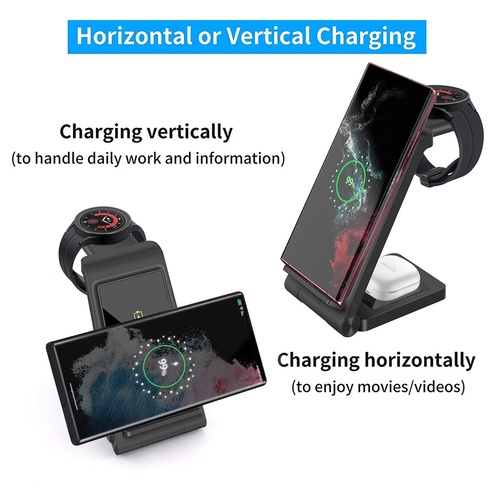 Description Picture 4 of item25W 3 in 1 Wireless Charger Stand for Samsung Z Flip Fold 4/3 S23 Ultra/S22/S21/S10 Galaxy Watch 5 4 Active 2 Buds Fast Charging