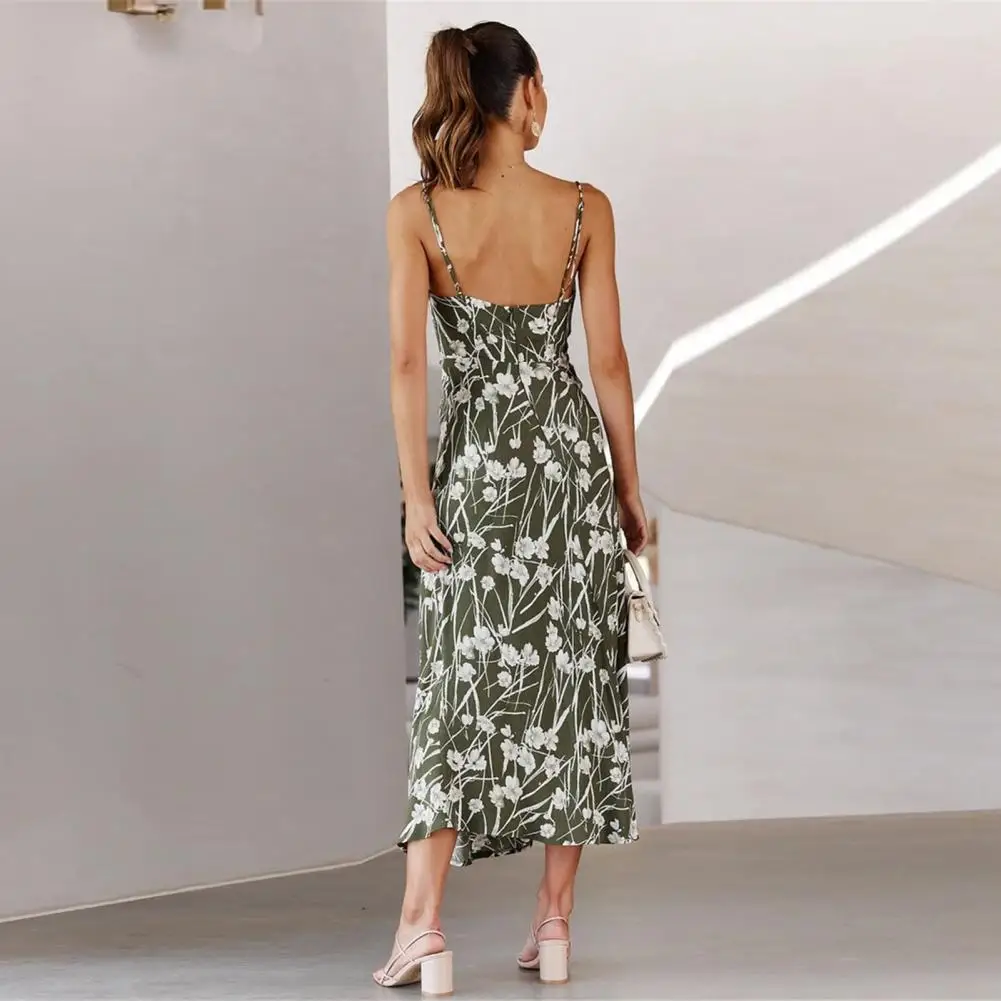 Description Picture 2 of itemSummer Women Sexy Beach Dress Cross Wrap Waist Tight Split Hem Floral Print Sling Midi Dress Vacation Beach Sundresses vestidos