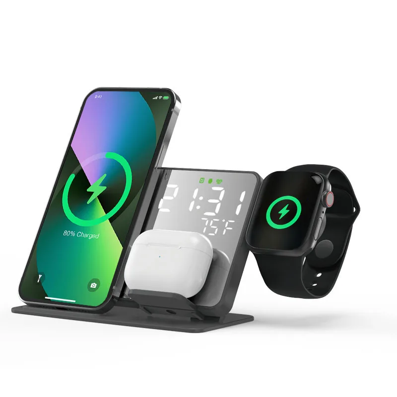 Description Picture 2 of item3 in 1 Wireless Charger For iPhone 14 13 12 Pro Apple Watch S8 7 15W Fast Charging Dock Station Desktop LED Digital Alarm Clock