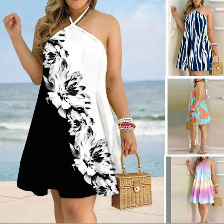 Description Picture 3 of itemSummer Boho Print Halter Backless Dress Women Sexy Strapless Sleeveless Loose Dress 2024 Fashion Holiday Beach Sundress Female