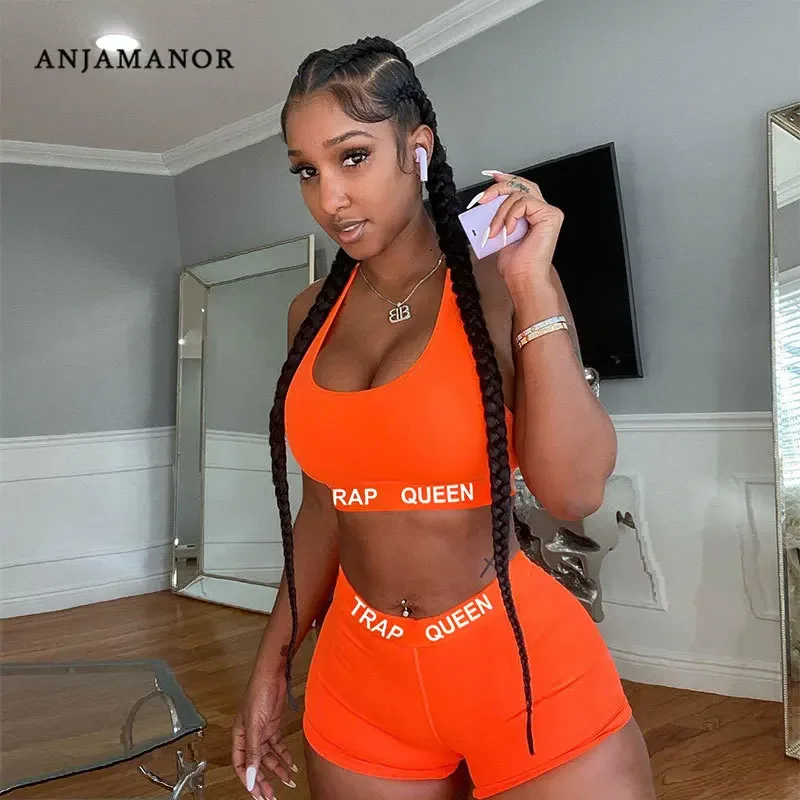 ANJAMANOR Letter Print Neon Orange Sporty Two Piece Set Crop Top and Booty Shorts Sexy Tracksuit 2 Piece Bodycon Outfit D13-CA12
