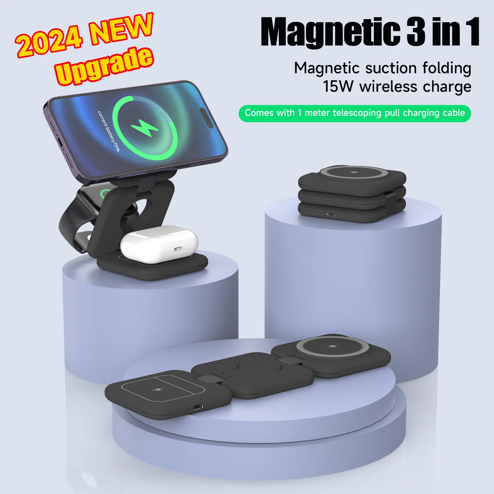 2024 New Upgrade Foldable Magnetic for iPhone 15 14 Wireless Charger Station for Apple Watch S9 Fast Charging Stand Dock Holder
