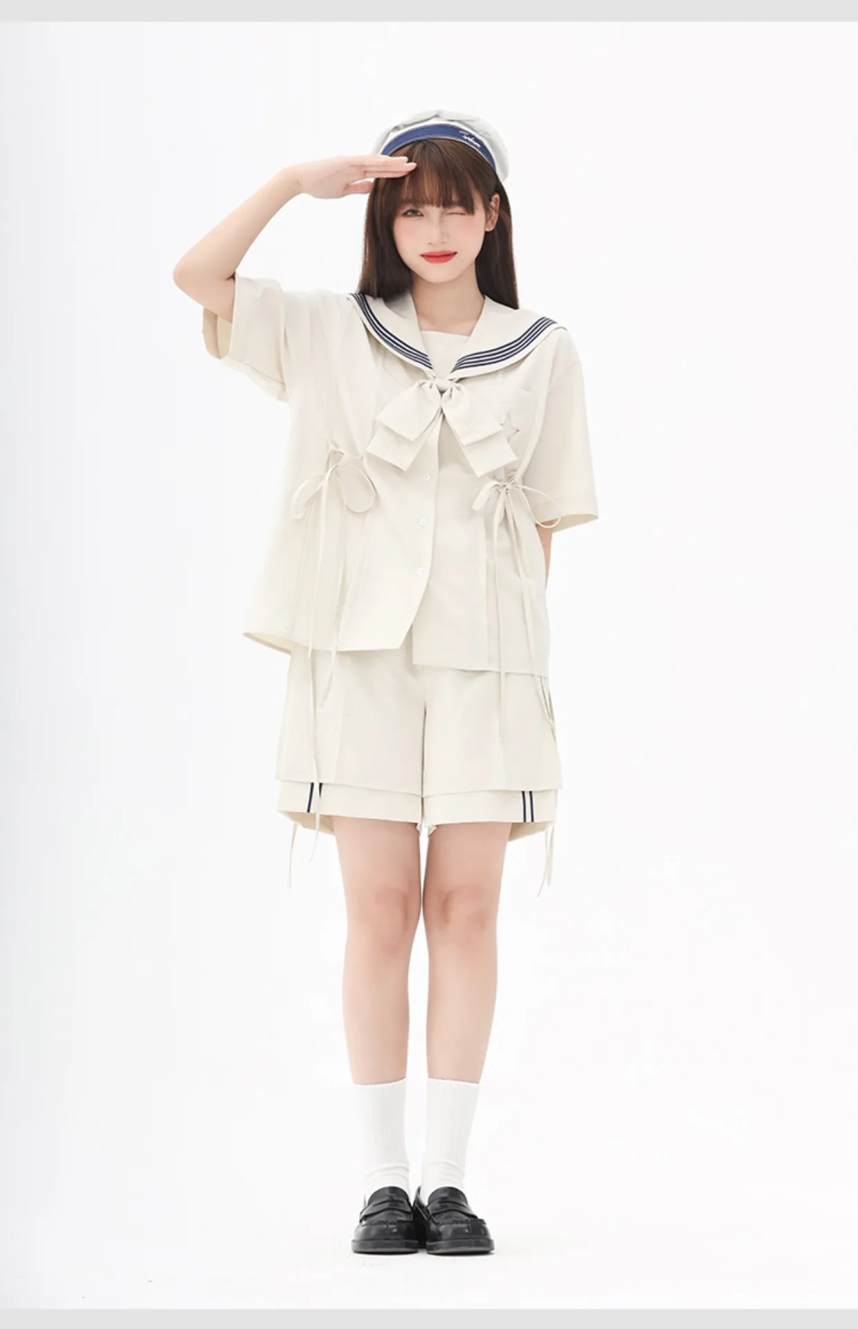 Description Picture 4 of itemADAgirl Japan Kawaii Navy Sailor Collar Shirt Women Lolita Style Blouse with Bow Half Short Leeve Button Up Tops Summer Clothes