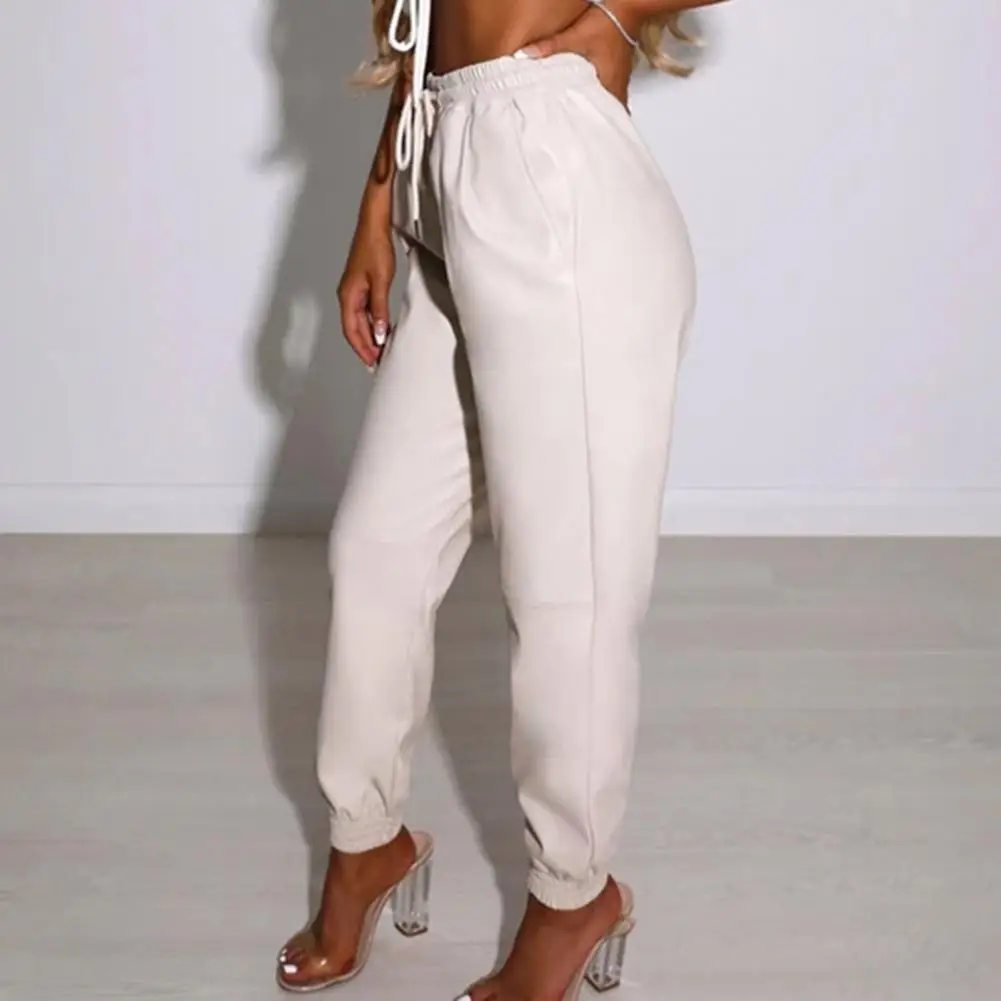 High Waist Drawstring Slant Pockets Faux Leather Harem Pants Woman Loose Fit Elastic Waist Simple Casual Trousers Streetwear