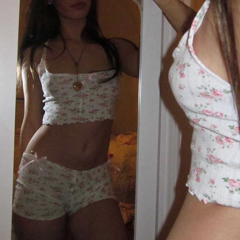 Description Picture 5 of item2 Piece Set Pajamas Fairy Cute Bow Crop Tops 90s Vintage Floral Print Backless Camis + Shorts 00s Aesthetics Grunge Y2K Homewear
