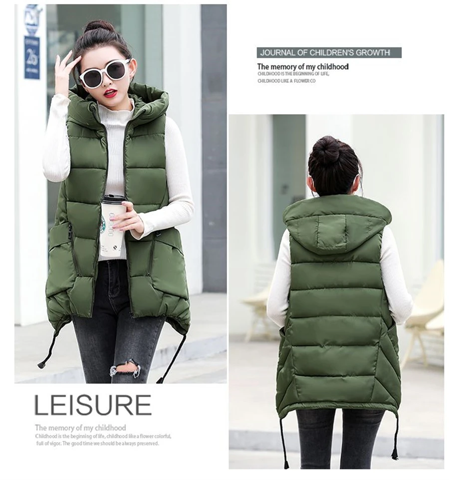 Description Picture 6 of itemOversized 5xl Sleeveless Thicken Warm Hooded Cotton Padded Vest Winter Streetwear Loose Mid Length Coat Women New Puffy Jackets