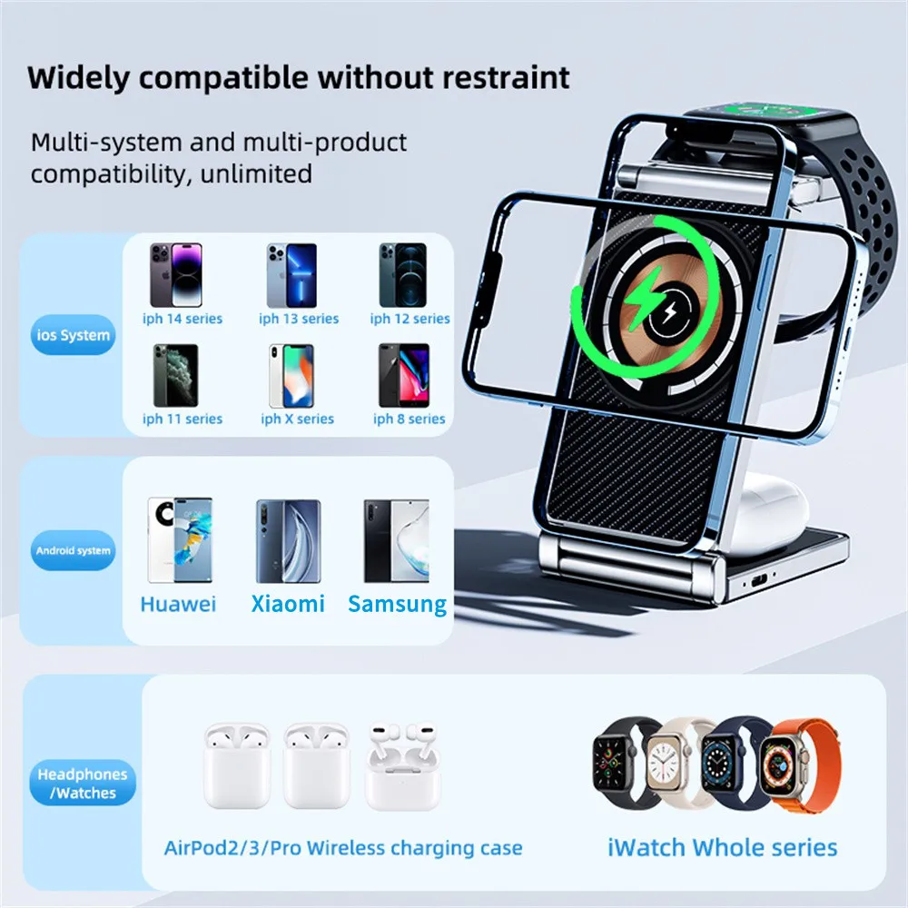 Newest 3 IN 1 Magnetic Wireless Charger Station For iPhone 14 13 12 Pro Max Fast Charging Dock For Airpods Pro Apple Watch 8 7 6