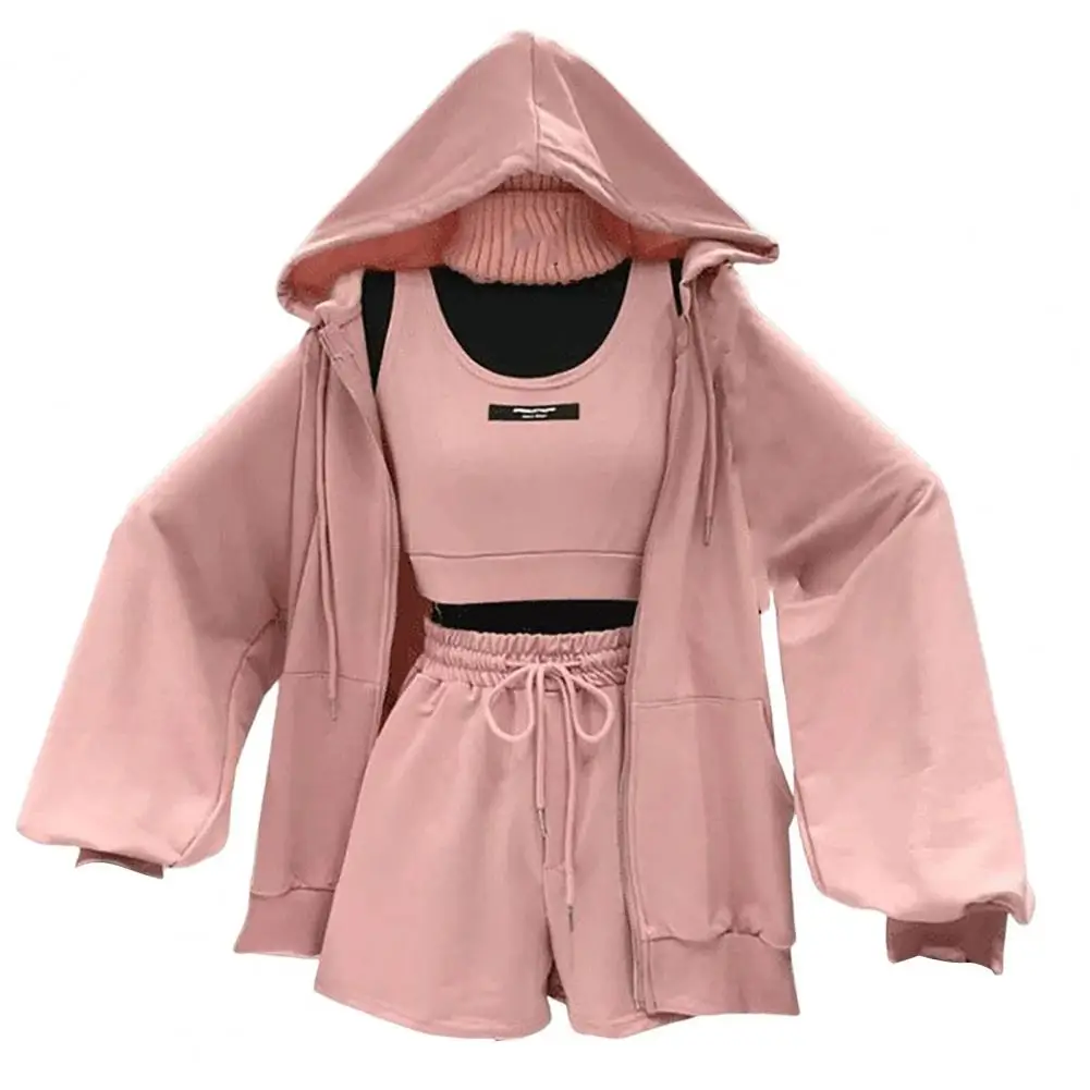 Description Picture 4 of item1 Set Casual Three Pieces Women Coat Drawstring Shorts Vest Set Breathable Women Hoodie Pocket Design Zipper Closure for Female