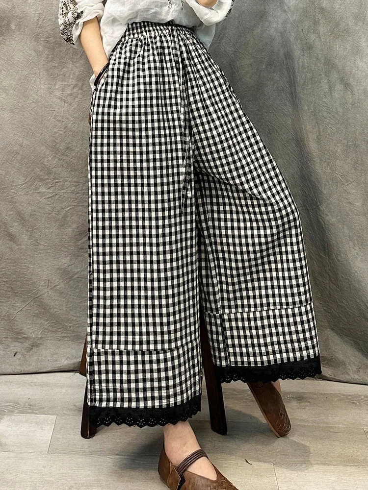 Description Picture 3 of itemSummer Women Wide Leg Pant High Waist Drawstring Loose Oversize Pant Plaid Trousers Skirt Pants Retro Casual Streetwear X148