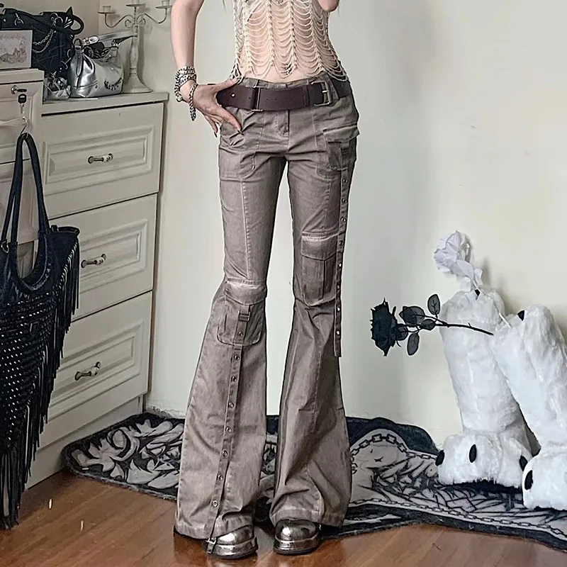 Karrram Grunge Low Waist Flare Pants Vintage Distressed Cargo Pant Wasteland Punk Bell Bottom Jeans American Retro Trouser Y2k