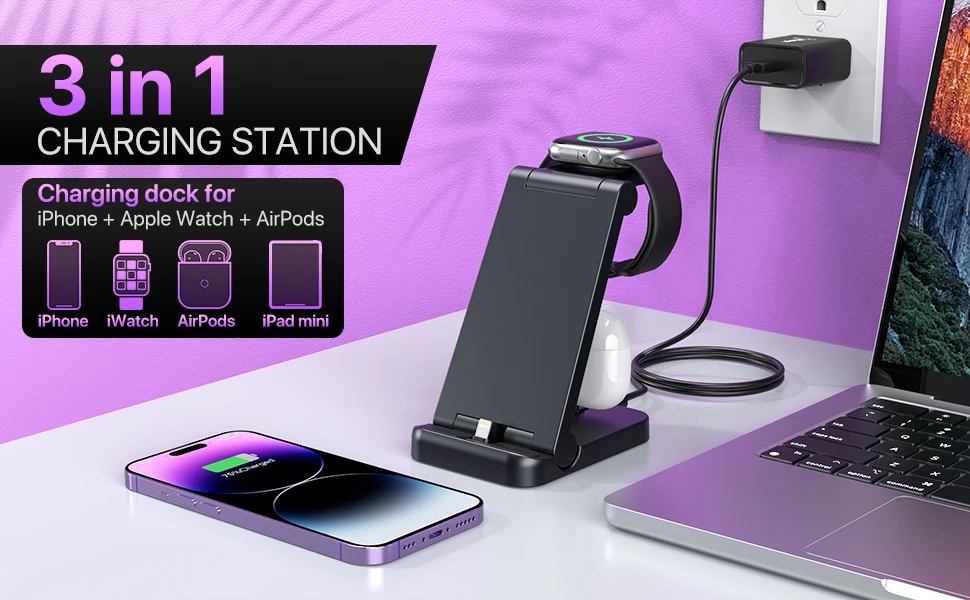 3 in 1 Foldable Fast Charging Station For Apple Wireless Charger Stand Portable for iPhone 14 13 12 Pro Max 11 iWatch 8 Airpods