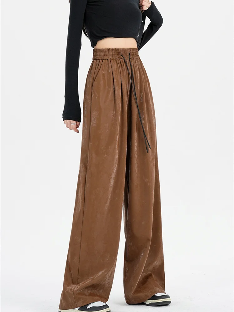 Description Picture 5 of itemKUCLUT PU Pants Women 2023 Autumn Winter Fashion Streetwear Loose High Waist Straight Pants Chic Vintage Folds Wide Leg Pants