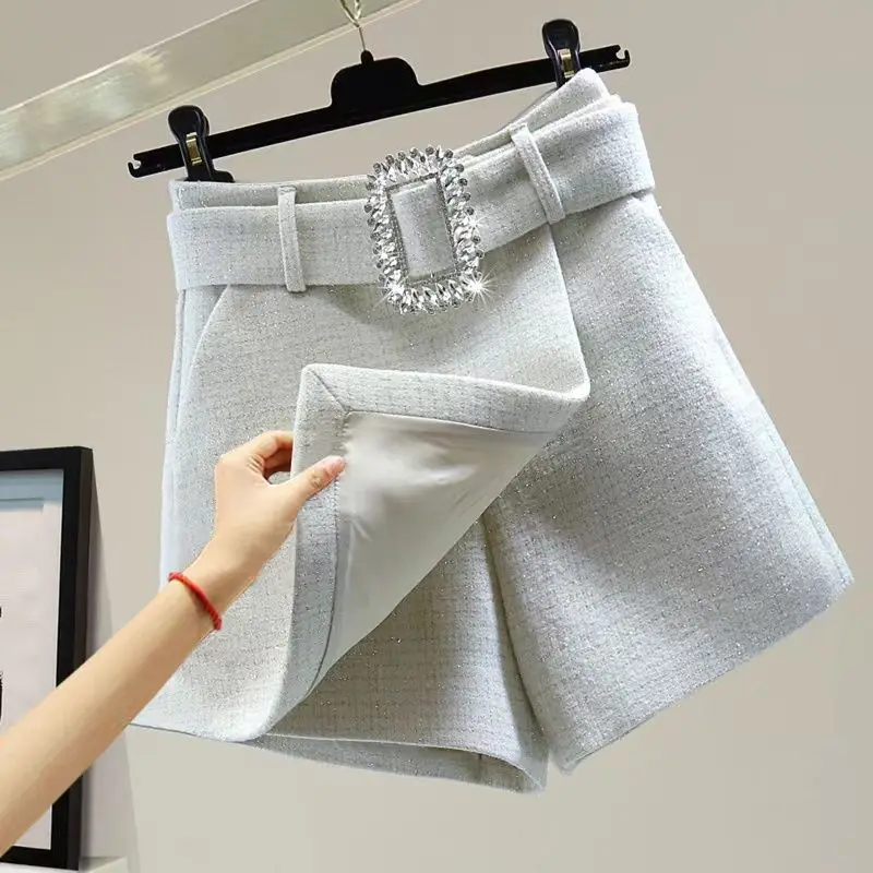 Autumn Winter Bright Rhinestones Tweed Woolen Skirt Shorts Women High Waist Wide Leg Irregular Glitter Diamonds Belt Short Femme
