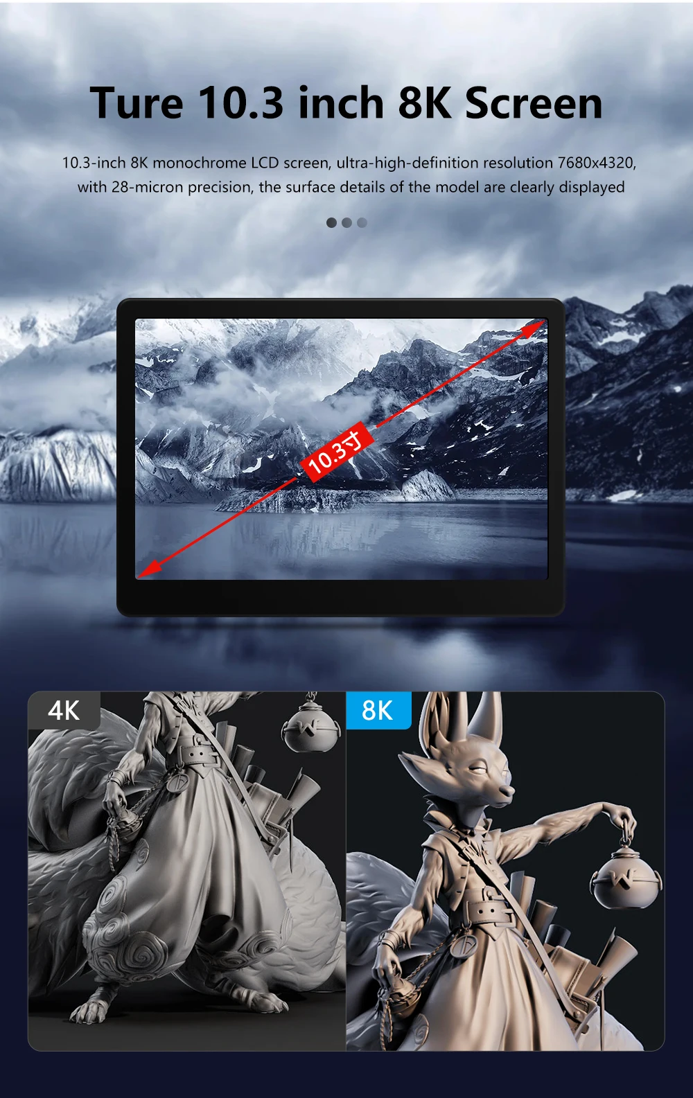 Description Picture 5 of itemKINGROON New KP8 8K UV Resin 3D Printer  Photocuring High-Speed 3D Printing 10.3‘’ 8K Monochrome LCD Printing Size 228*128*200mm