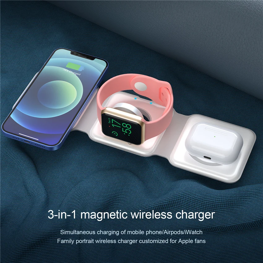 3 in 1 Magnetic Wireless Charger Pad Stand for iPhone 14 13 12 Pro Max Fast Charging Dock Station for Apple Watch AirPods