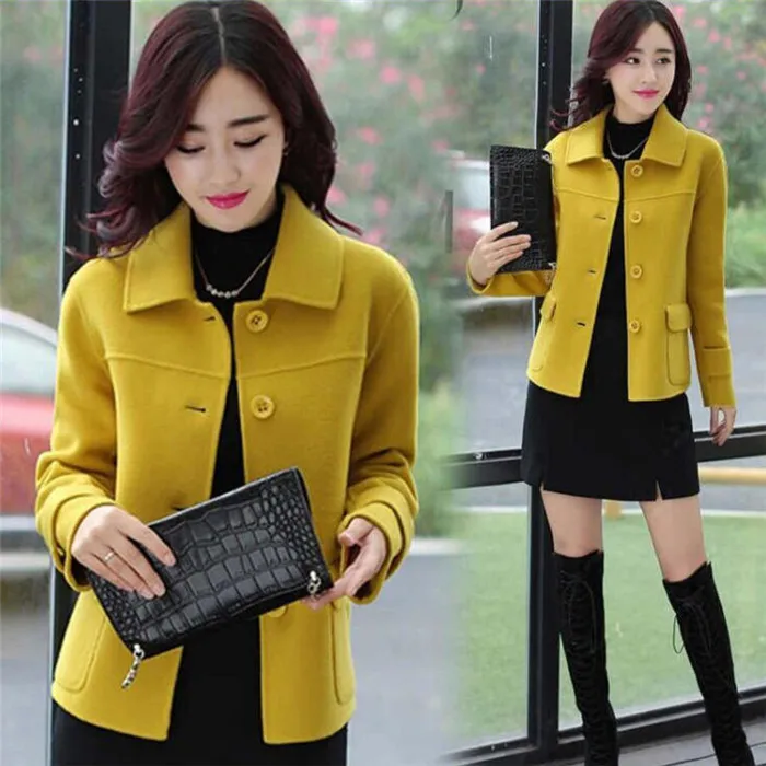 Description Picture 2 of itemBlended Woolen Coat Fashion Spring Autumn Women's Wool  Jacket Short Single-breasted Yellow Female Outwear Tops Mother Dress W25