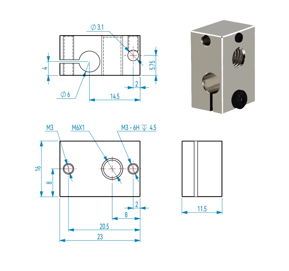 Description Picture 4 of itemV6 Heater Block Aluminium Brass Copper Plated Heating Blocks For E3D V6 PT100 J-head Hotend Heaterblock 3D Printer Parts