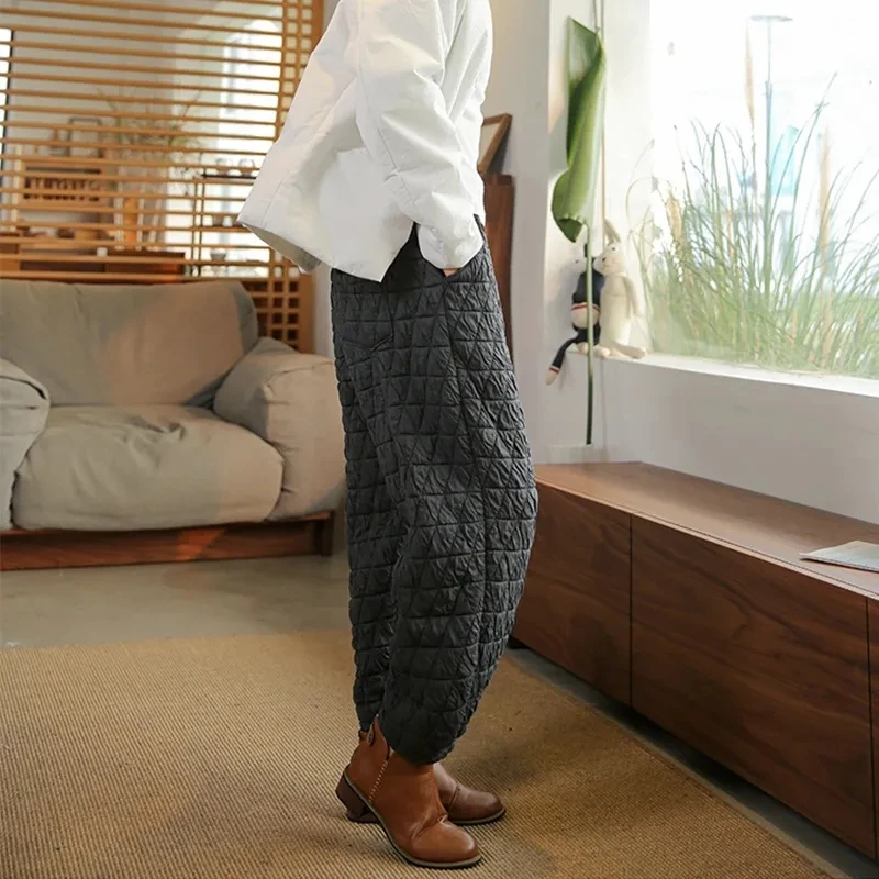 Plus Size L-4xl Winter Thicken Warm Quilted Cotton Bloomers Pant Women Korean Baggy Harem Pant Plaid Elasticity Streetwear Pants