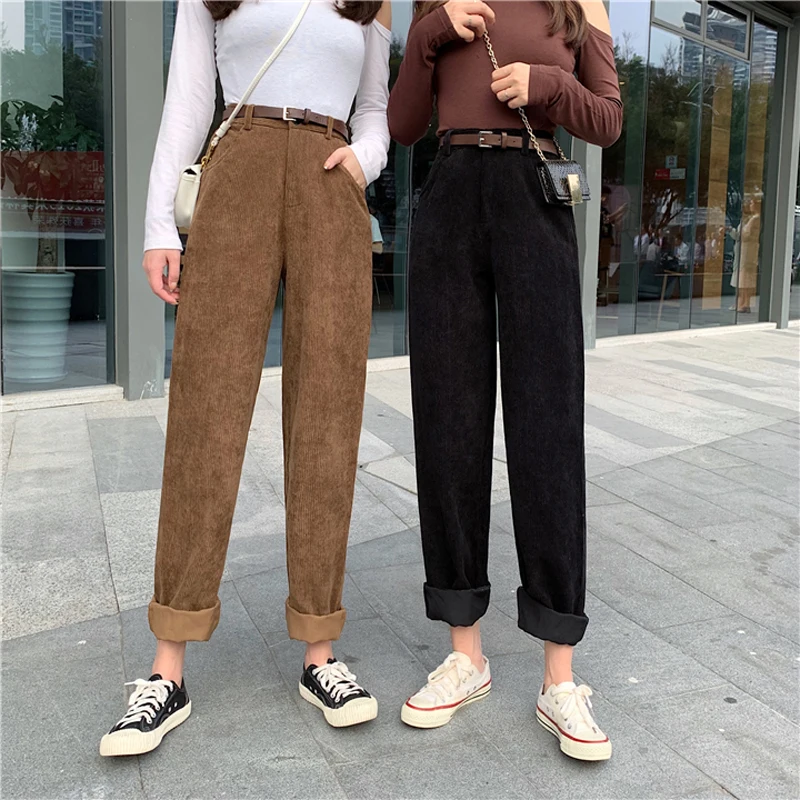 Description Picture 4 of itemZoki High Waist Corduroy Pants Fashion Belt Autumn Wide Leg Full Pants Spring Korean Pure Cotton Black Streetwear Ladies Trouser