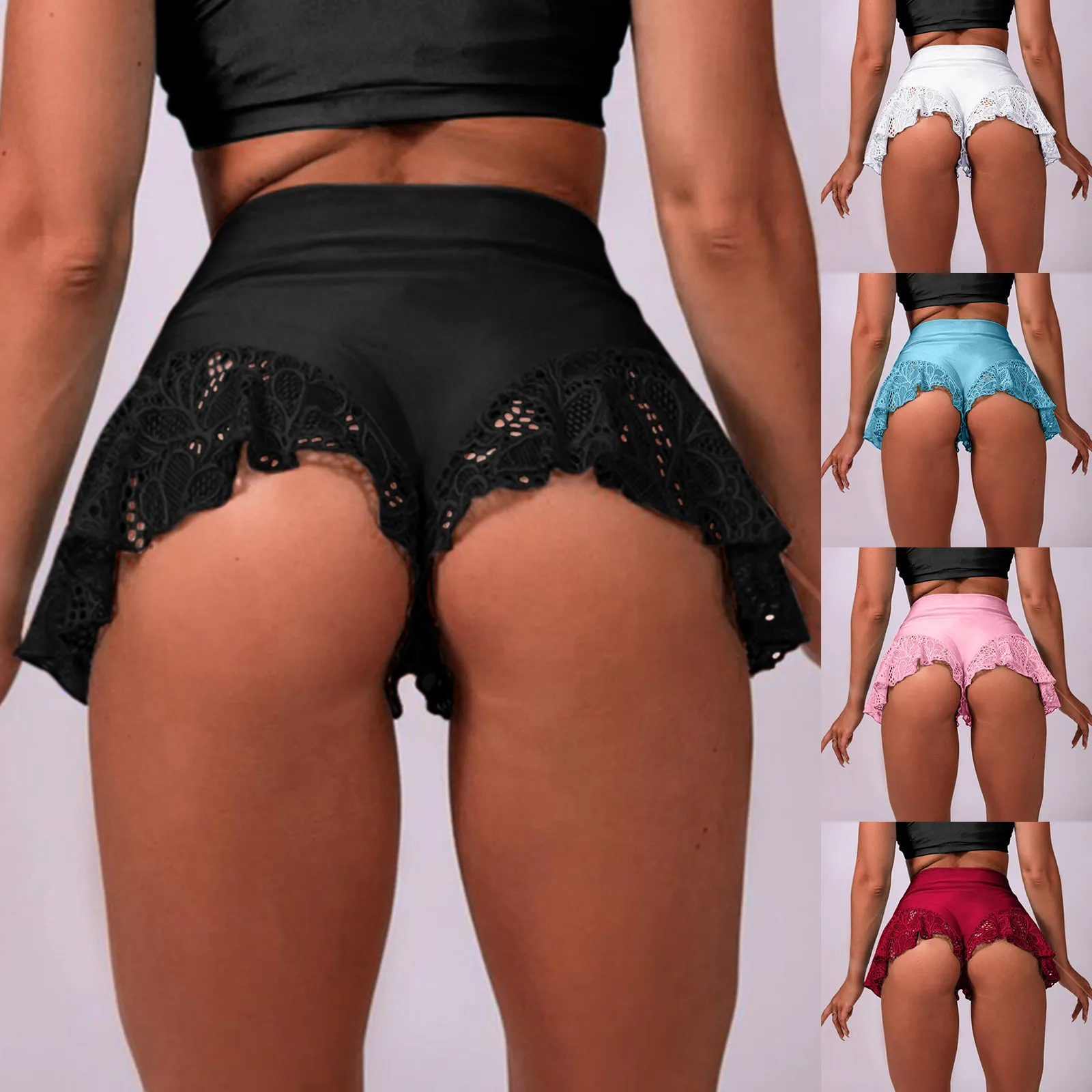 Women Lace Ruffled Shorts High Waist Solid Color Pole Dance Hot Oversized  Casual Ladies Clothes Mini Tight Shorts Sexy Bikini