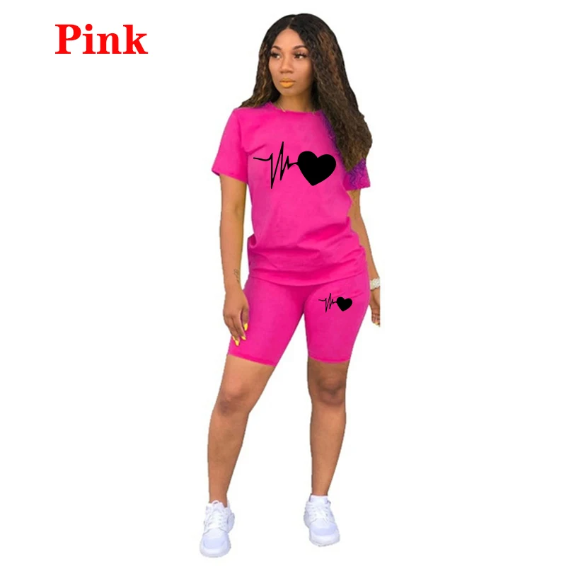 Summer New Women Fashion Solid Color Print 2 Piece Sets Casual Sports Suit Short Sleeve T-shirt + Shorts S-3XL