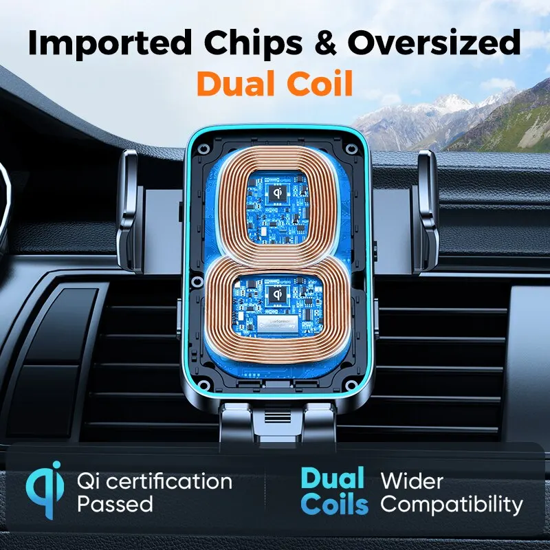 Joyroom Dual Coil Qi 15W Car Phone Holder Mount Wireless Charging Automatic Phone Holder For iPhone Foldable Samsung Galaxy