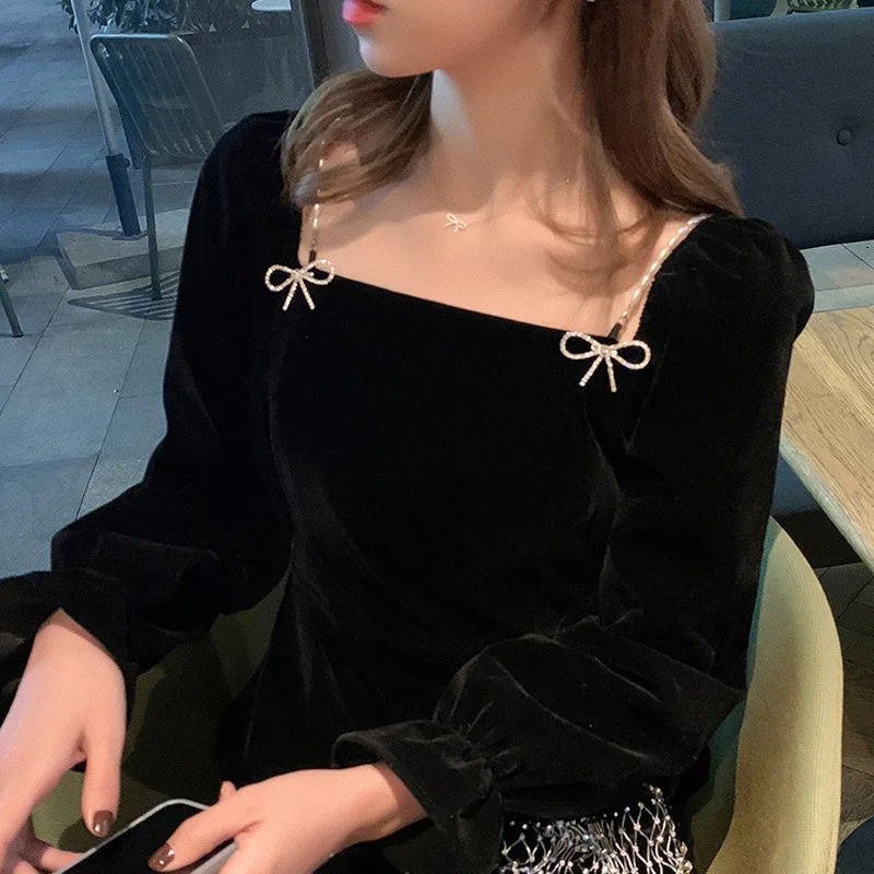 Description Picture 6 of itemSpring 2022 vintage Dress Ladies slim party dress South Korean fashion long sleeve black bow dress elegant ladies